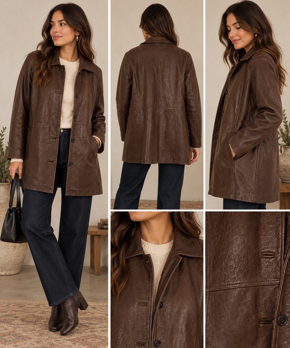 Vintage Chocolate Brown Leather Coat M Supple Leather Quilted Lining Mid Length